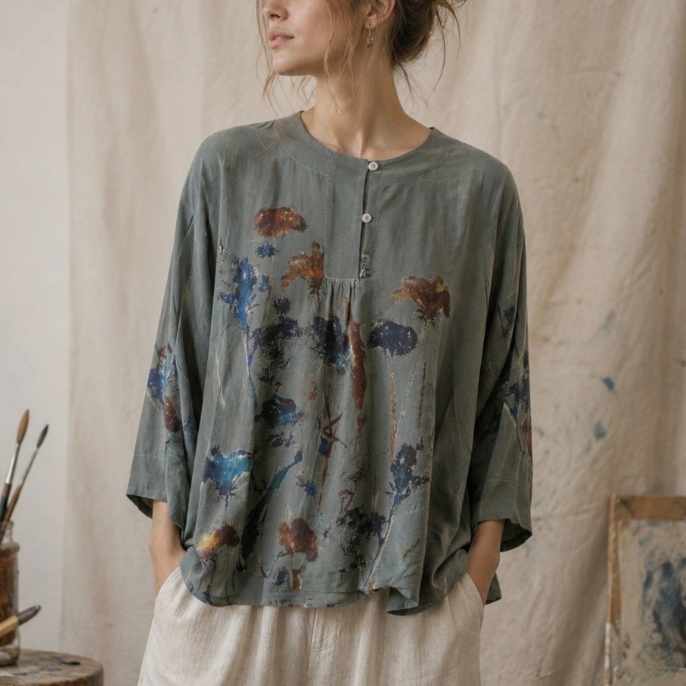 Poetry Silk Blouse Floral Botanical 6 Green Luxury Lagenlook Tunic Artsy Earthy